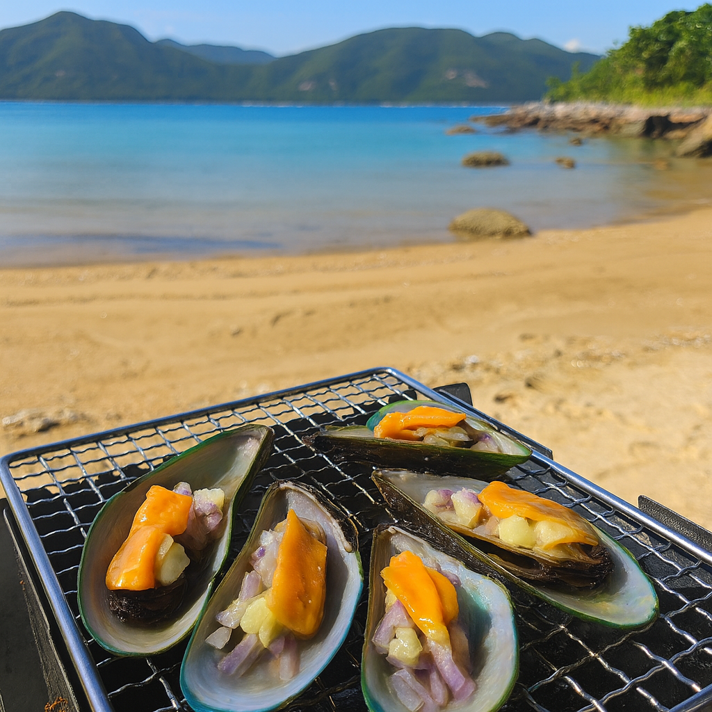 香港海灘上燒烤青口,配以藍天白沙與清澈海水,SKR 野炊海邊煮食體驗。