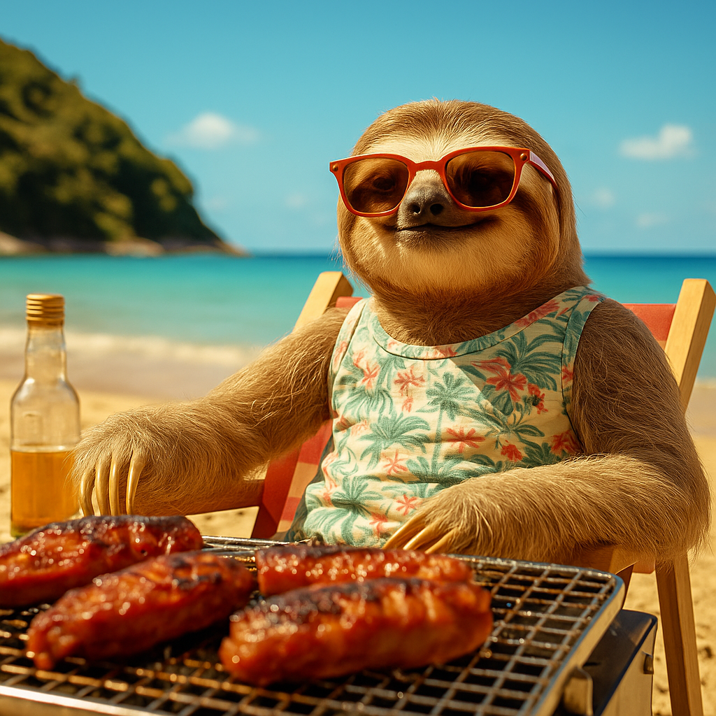 樹懶在香港海灘陽光下野炊燒烤，穿花襯衫戴太陽眼鏡，享受戶外煮食體驗。