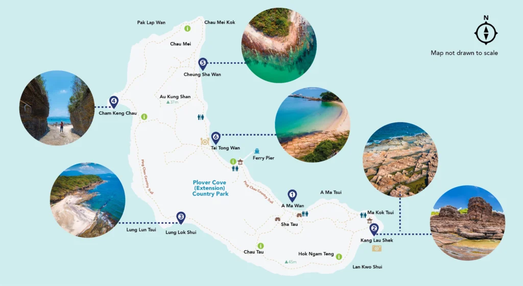 東平洲景點分佈地圖,標示主要海岸地貌、步行路線與碼頭位置