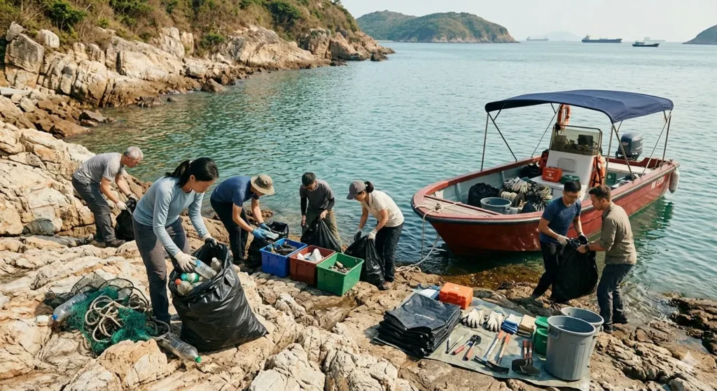 NGO coastal cleanup in Hong Kong with team sorting collected marine waste near a support boat on rocky shoreline