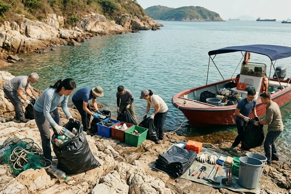 NGO coastal cleanup in Hong Kong with team sorting collected marine waste near a support boat on rocky shoreline