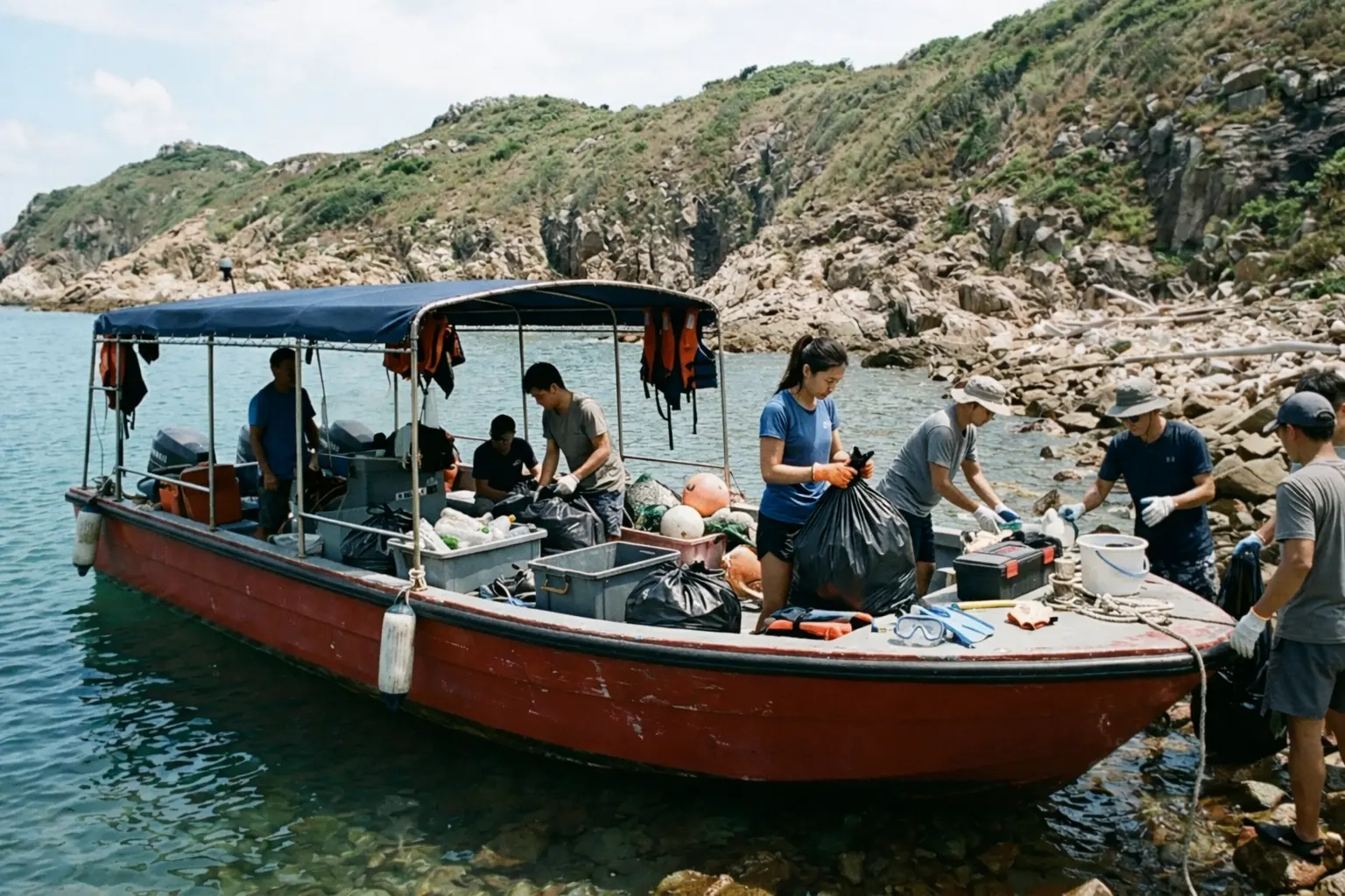 NGO marine cleanup operation on a small boat in Hong Kong with volunteers collecting ocean waste near rocky shoreline