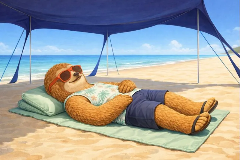 Beach chill setup with sunshade and mat at Hong Kong island beach