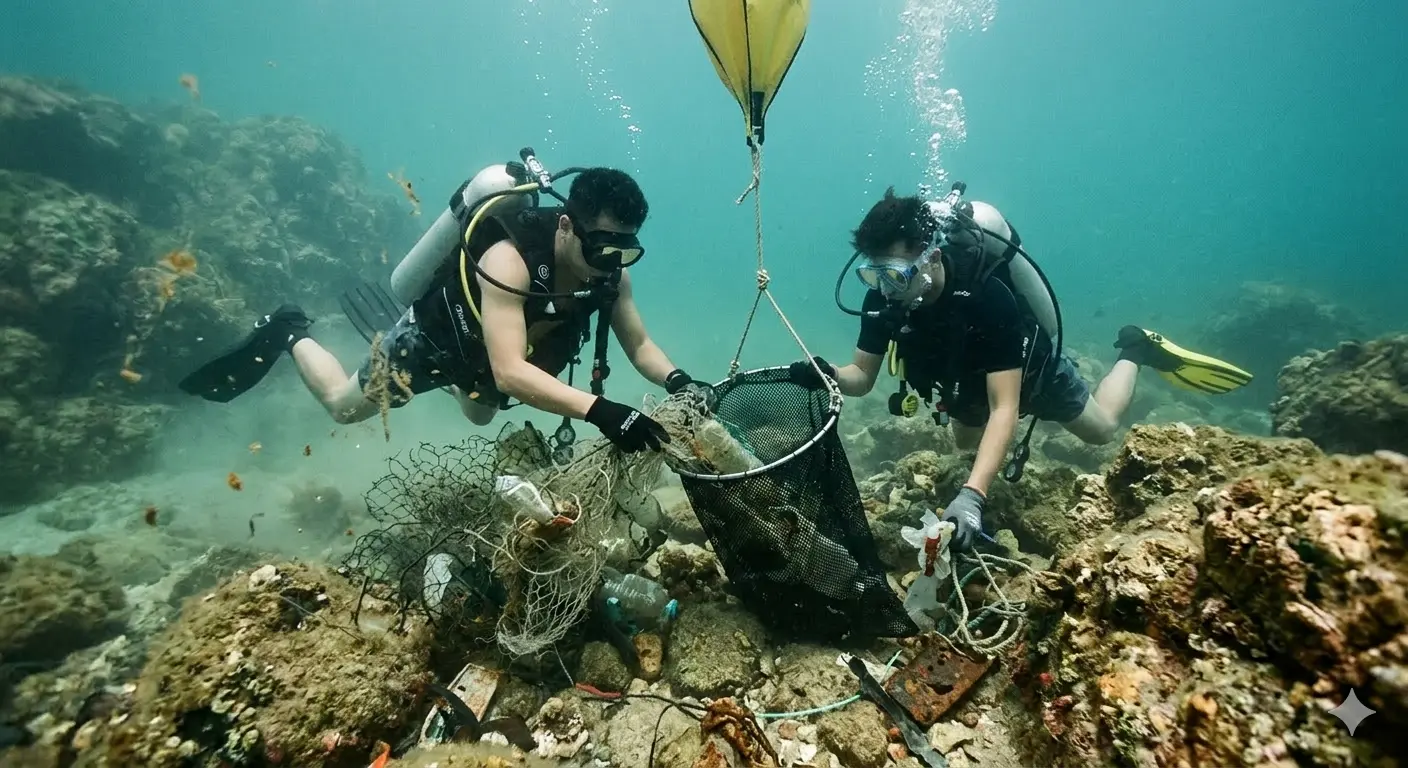 scuba divers collecting marine debris underwater in Hong Kong using mesh bag during NGO cleanup operation
