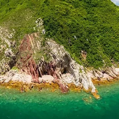 鬼手岩附近海岸的整體地形與海岸線景觀,展示香港東北海岸的自然地貌