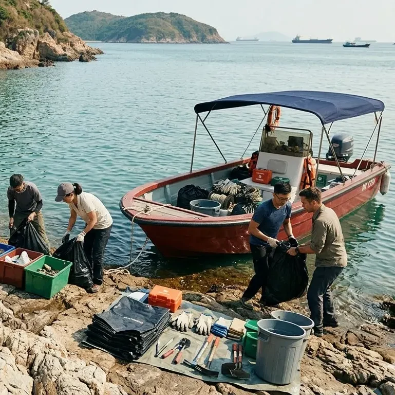 NGO coastal cleanup in Hong Kong with team sorting collected marine waste near a support boat on rocky shoreline
